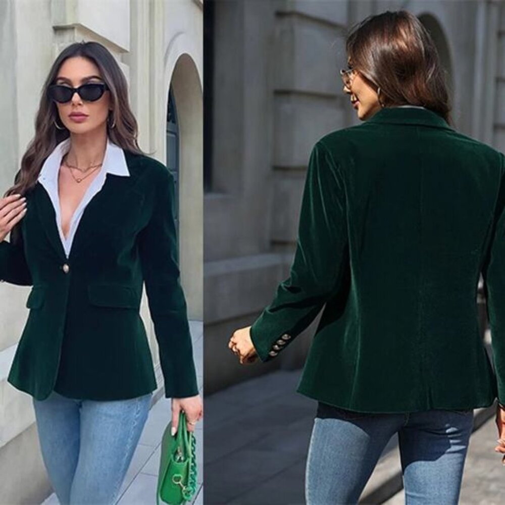 NEW Miranda Timeless Button Gold-Tone Velvet Blazer Top Dark Green Size: Small